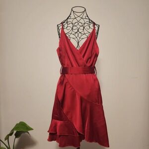 Red Velvet Satin Dress with Asymmetrical Ruffled Hem